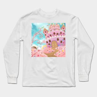 Magic cake and candy castle illustration. Fantasy sweets wonderworld background. Desserts dream landscape Long Sleeve T-Shirt